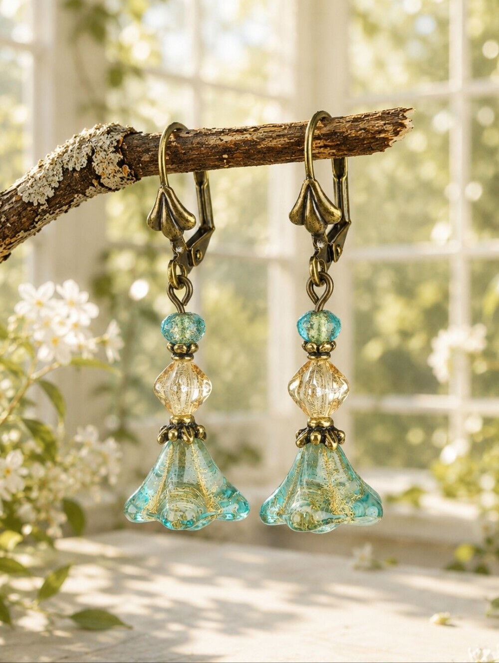 Aqua Czech Glass Flower Earrings Brass Floral Dangles Nature Hand Crafted
